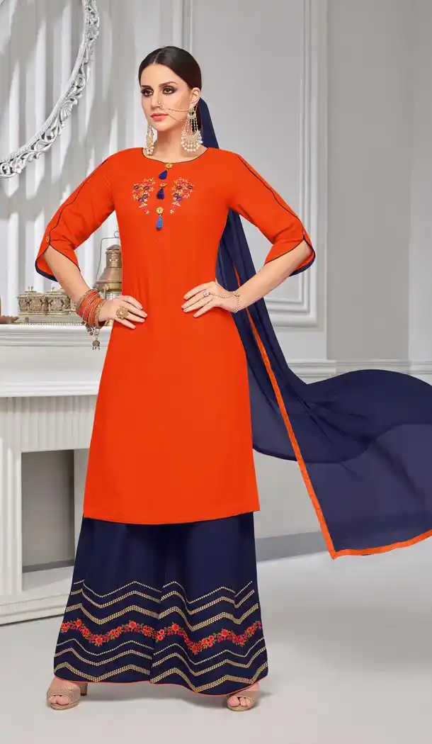 Captivating Orange Color Rayon Cotton Palazzo Salwar Suits | 335539700