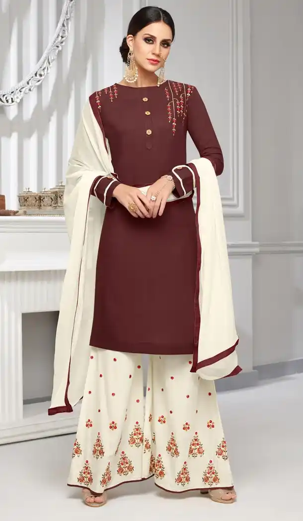 Fancy Coffee Color Rayon Cotton Palazzo Salwar Suits | 335539701