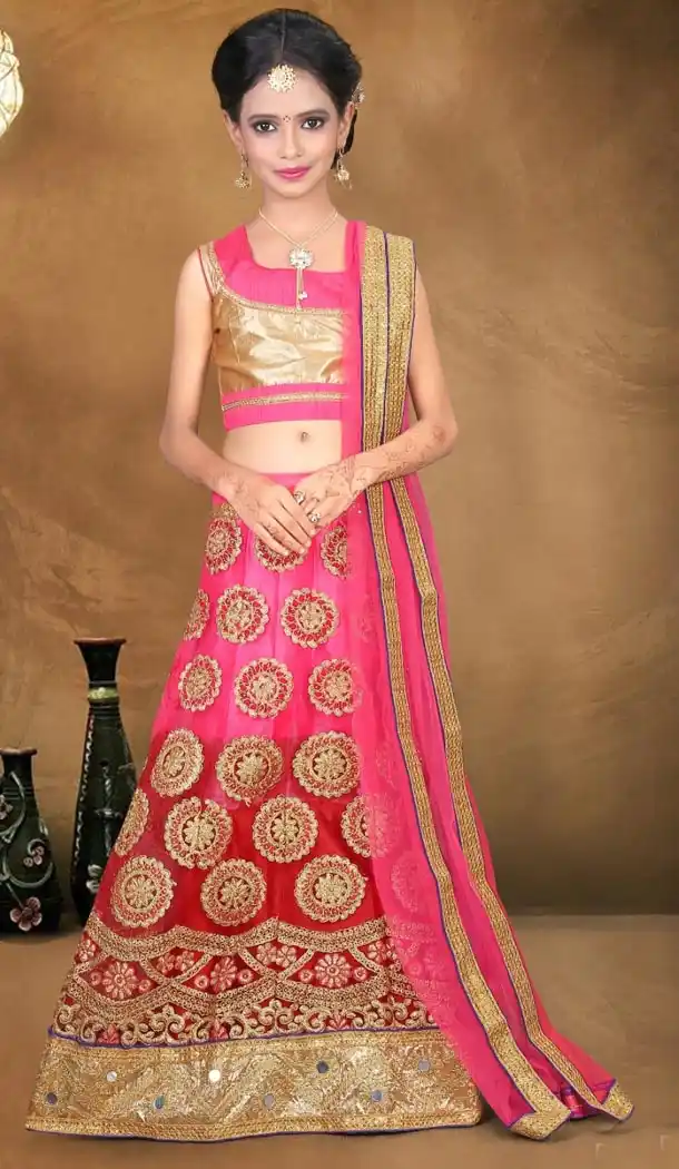 Pink and maroon Color Net Embroidery Girls Lehenga Choli | 215924798