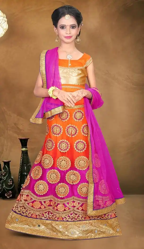 Pink and Orange Color Net Embroidery Girls Lehenga Choli | 215924800