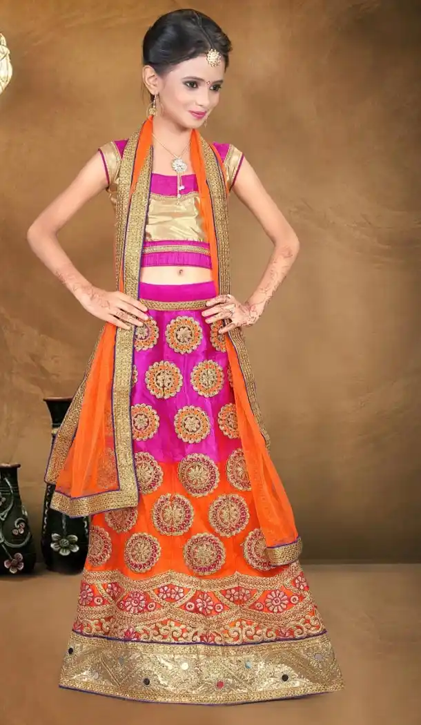 Purple and Orange Color Net Embroidery Girls Lehenga Choli | 215924801