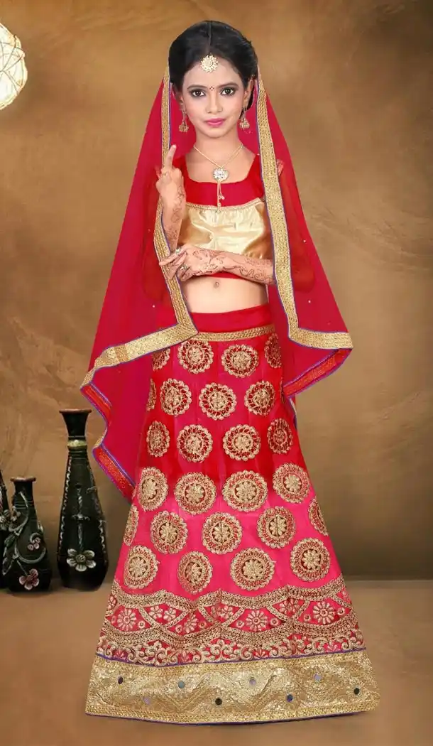 Light Pink and Red Color Net Embroidery Girls Lehenga Choli | 215924803