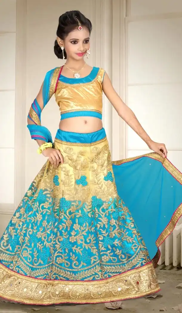 Cream and Light Blue Color Net Embroidery Girls Lehenga Choli | 215924805