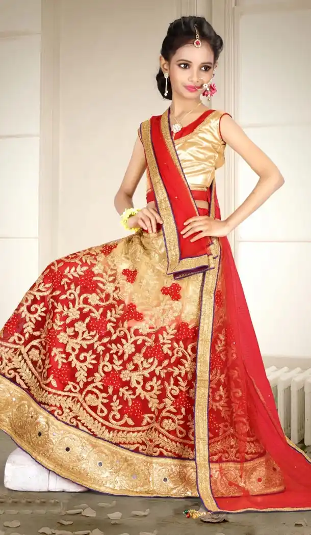 Cream and Maroon Color Net Embroidery Girls Lehenga Choli | 215924806