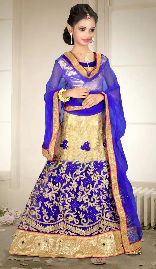 Cream and Blue Color Net Embroidery Girls Lehenga Choli | 215924807