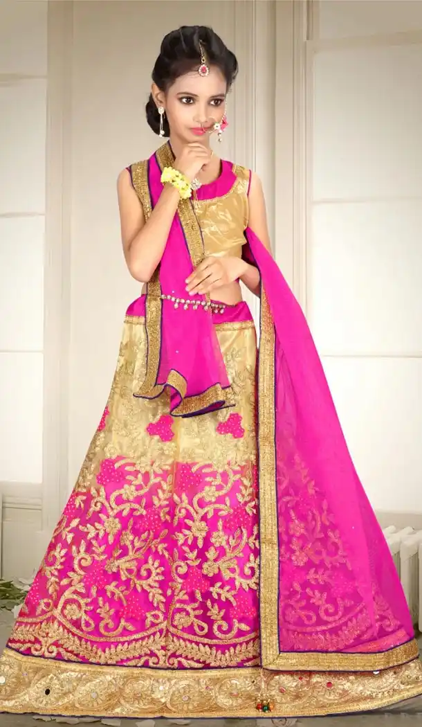 Cream and Pink Color Net Embroidery Girls Lehenga Choli | 215924808