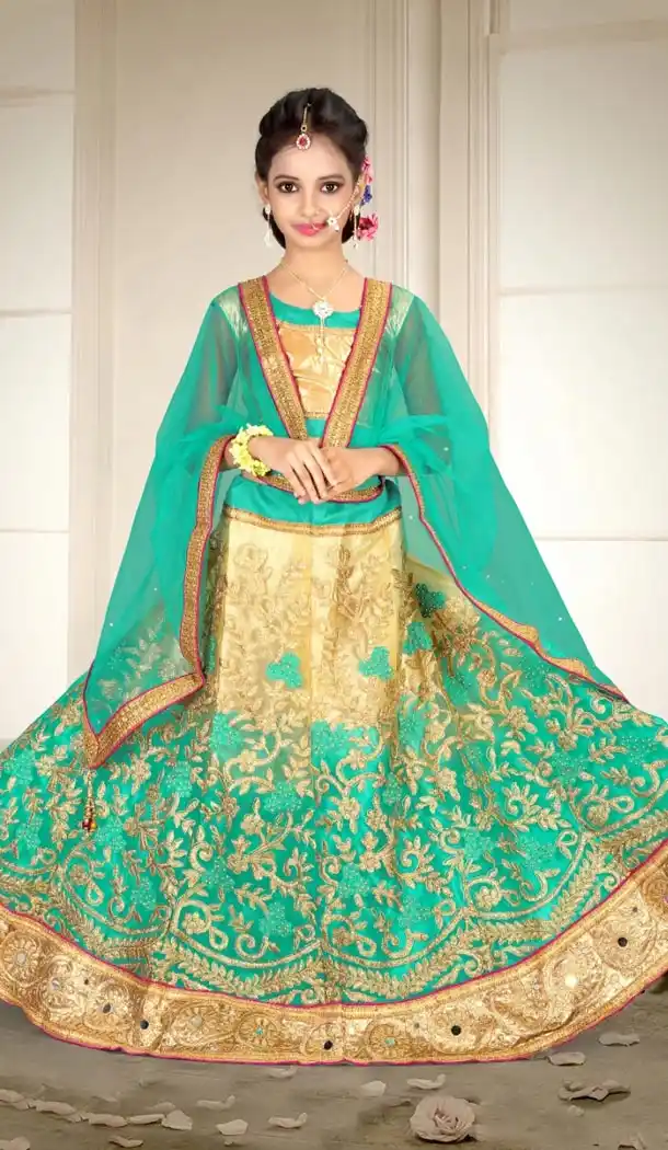 Light Green Color Net Embroidery Girls Lehenga Choli | 215924809