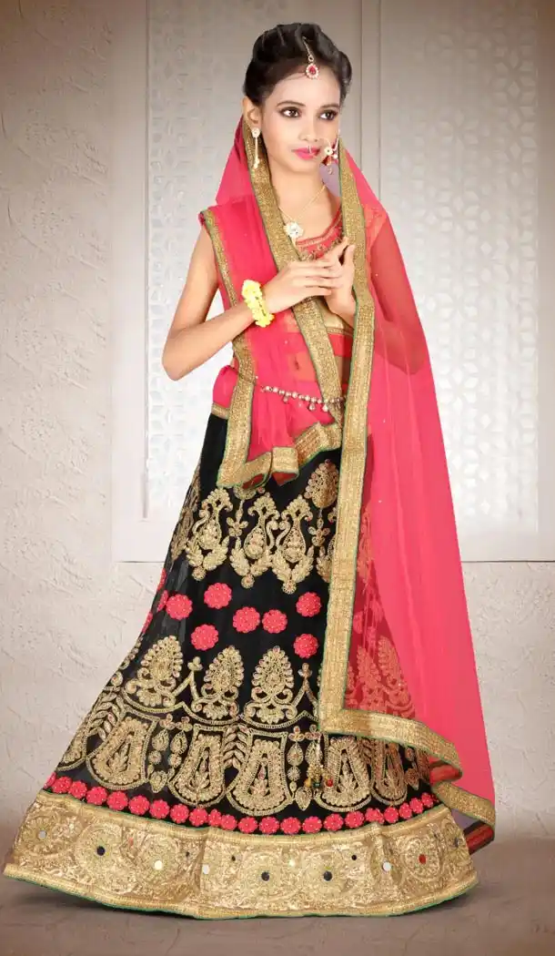 Black Pink Color Net Embroidery Girls Lehenga Choli | 215924814