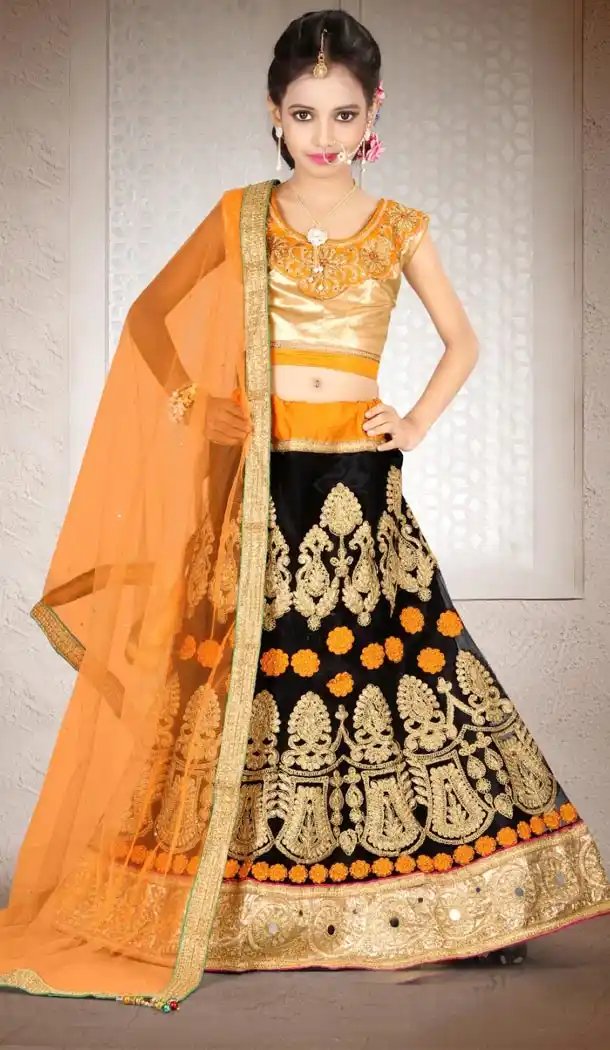 Black Yallow Color Net Embroidery Girls Lehenga Choli | 215924815