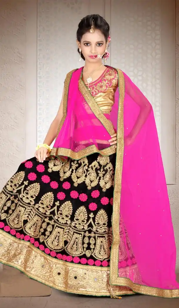 Pink Black Color Net Embroidery Girls Lehenga Choli | 215924817