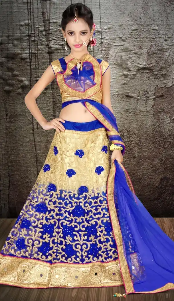 Cream Blue Color Net Embroidery Girls Lehenga Choli | 215924818