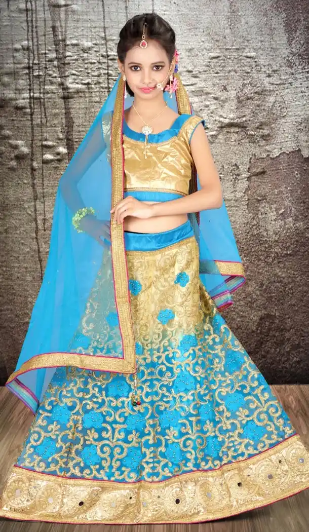 Cream Sky Blue Color Net Embroidery Girls Lehenga Choli | 215924820