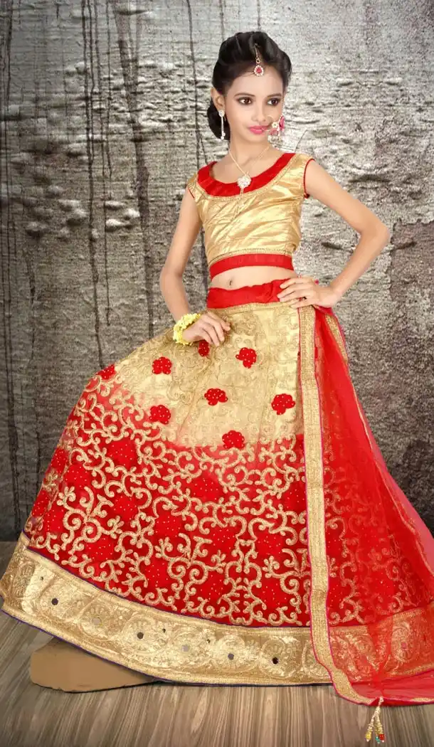 Cream Red Color Net Embroidery Girls Lehenga Choli | 215924821
