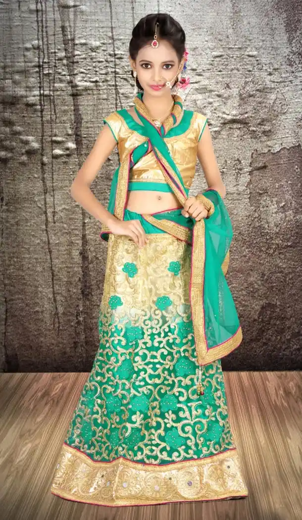 Cream Sky Green Color Net Embroidery Girls Lehenga Choli | 215924822