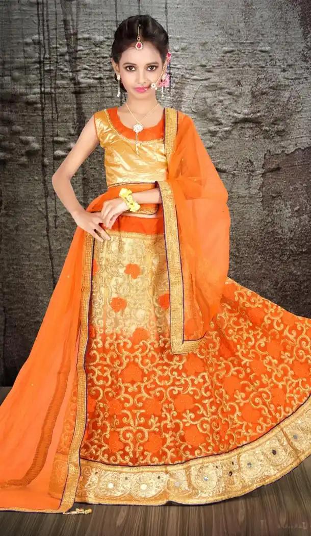 Cream Orange Color Net Embroidery Girls Lehenga Choli | 215924823