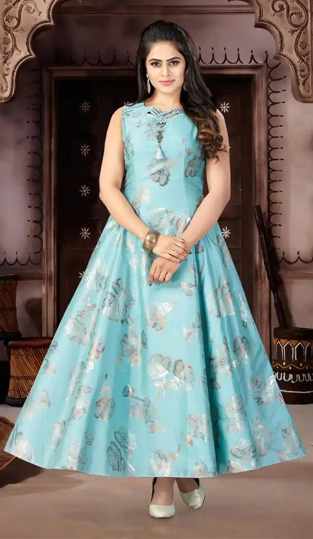 Sky Blue Color Chanderi Foil Party Wear Readymade Gowns | 333939494
