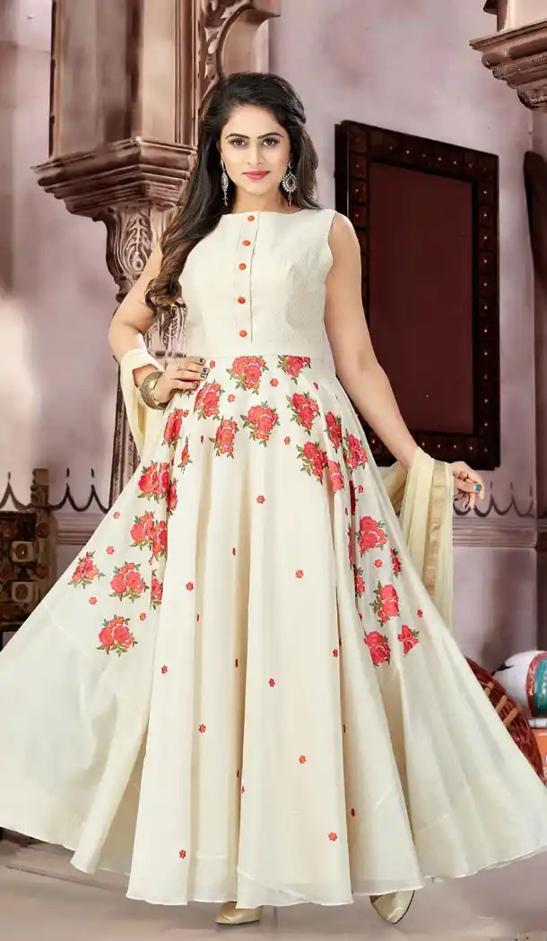 Cream Color Chanderi Party Wear Readymade Gowns | 333939497
