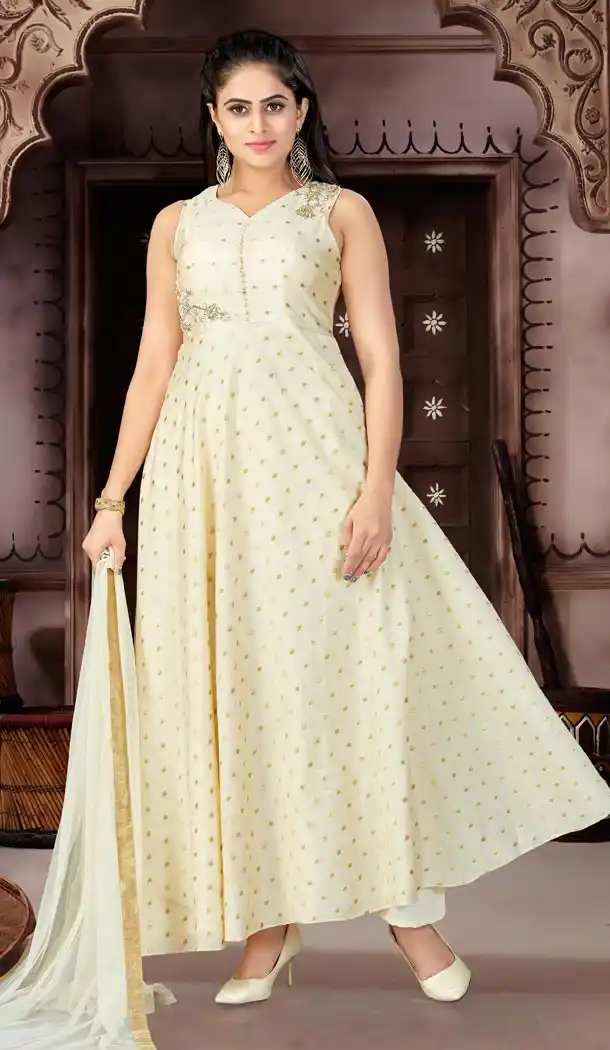 Cream Color Banaras Butti Party Wear Readymade Gowns | 333939500