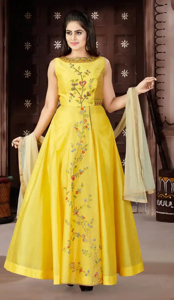 Yellow Color Chanderi Party Wear Readymade Gowns | 333939502