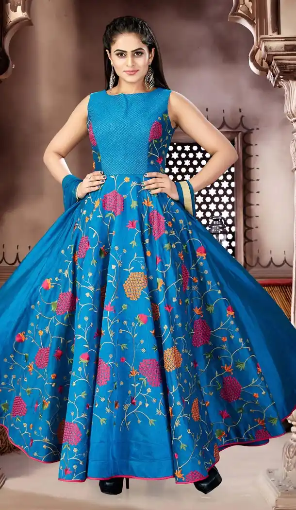 Firozi Color Chanderi Party Wear Readymade Gowns | 333939504