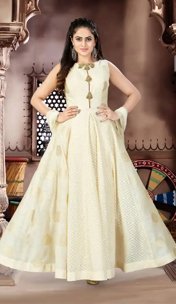 Cream Color Banarasi Party Wear Readymade Gowns | 333939511