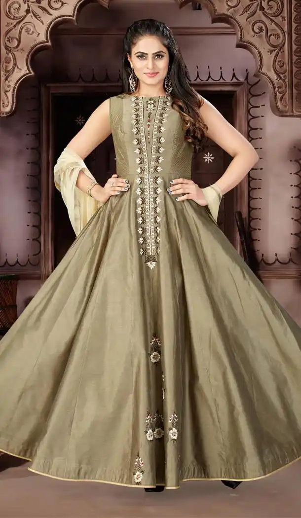 Dark Mehandi Color Chanderi Party Wear Readymade Gowns | 333939523