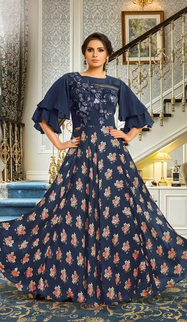 Dark Blue Color Satin Silk Casual Party Wear Readymade Gowns | 335239670