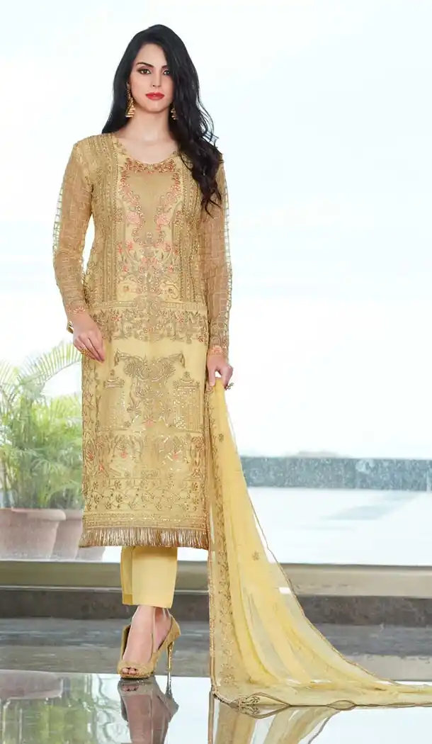 Pakistani Style Yellow Color Organza Party Wear Suit | 335839719