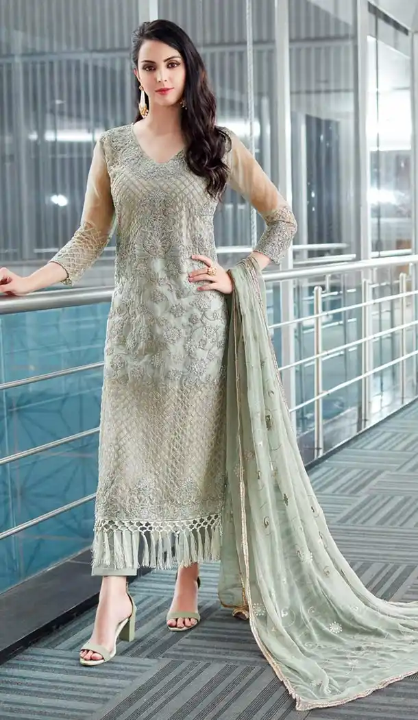 Pakistani Style Grey Color Organza Party Wear Suit | 335839722