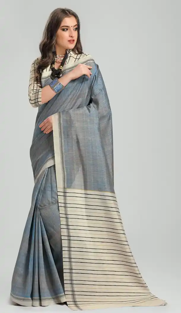 Grey Color Bhagapuri Silk Casual Wear Saree Blouse | 336039737