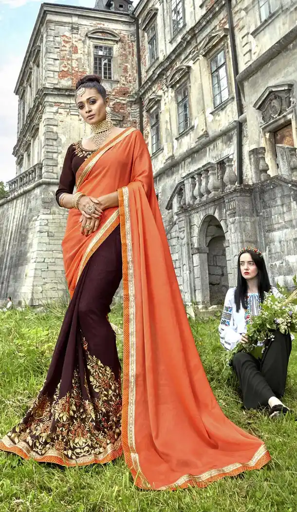 Orange Coffee Color Fancy Party Wear Saree Blouse | 336339796