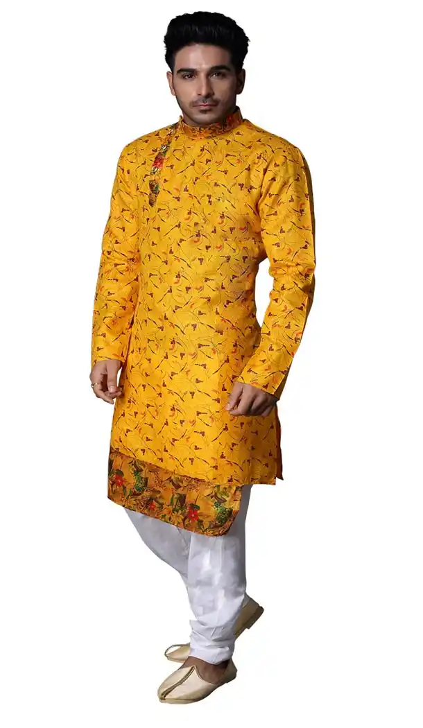 Yellow Color Print Cotton Casual kurta Pajama | 336639818