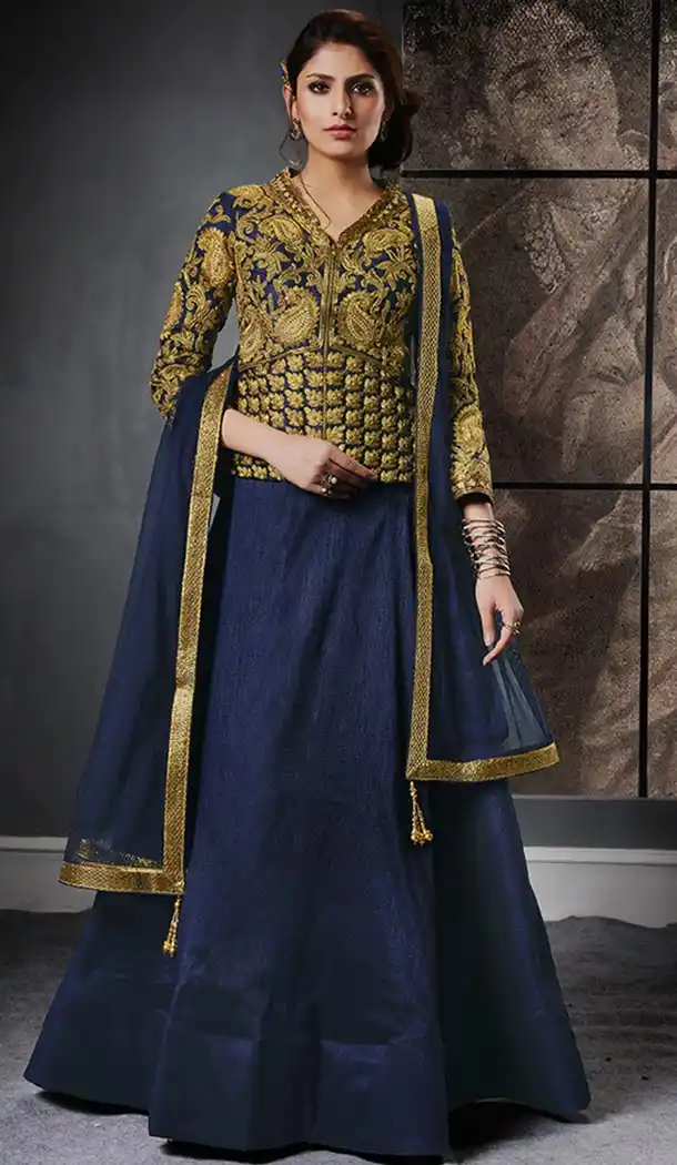 Blue Gold Color Jacquard Designer Womens Lehenga Choli | 323937837