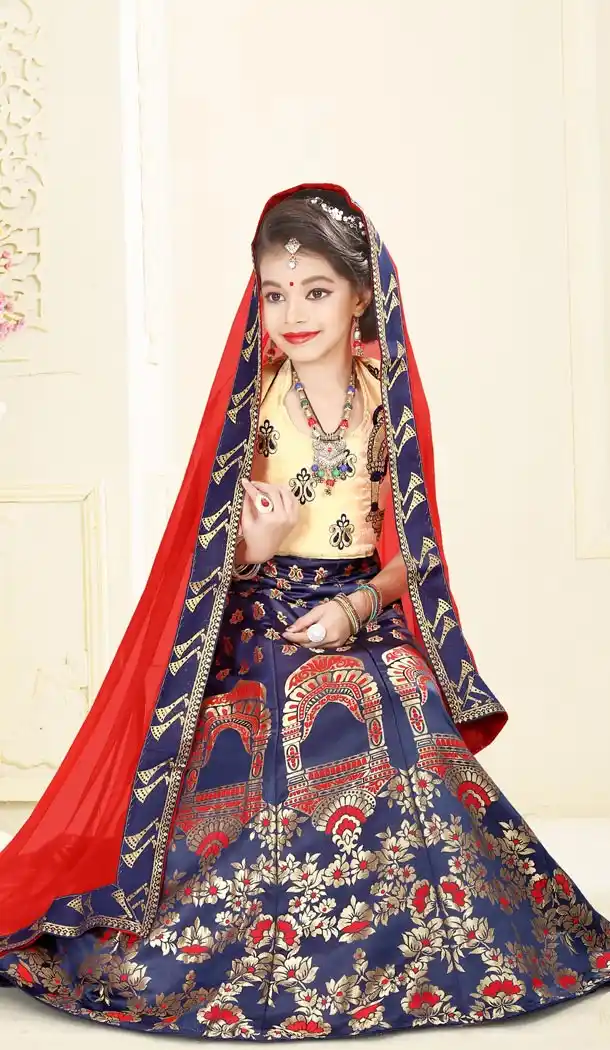 Banarasi Silk Navy Blue Color Designer Kids Girl Lehenga | 338840121