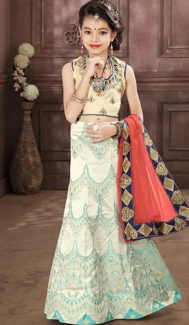 Off Whait Color Banarasi Silk Designer Kids Girl Lehenga | 338840124