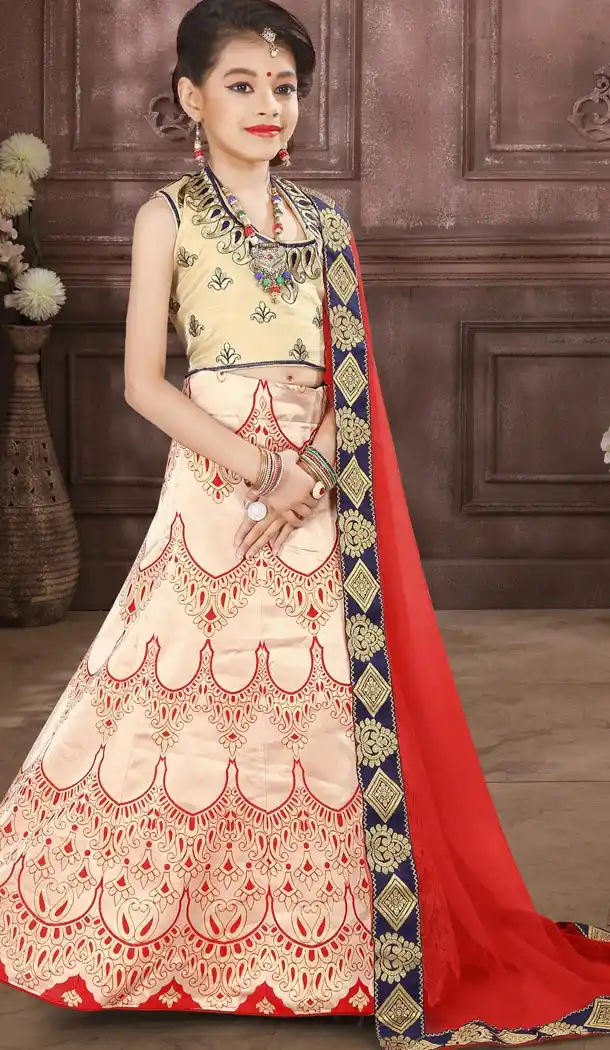 Cream Color Banarasi Silk Designer Kids Girl Lehenga | 338840125