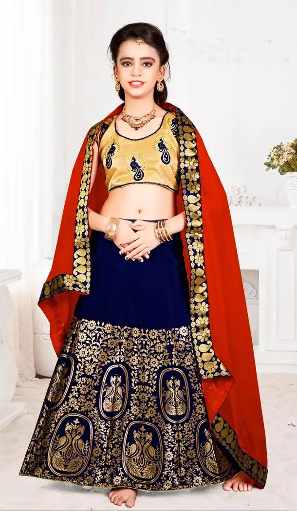 Extraordinary Navy Blue Color Banarasi Designer Kids Girl Lehenga | 338840127