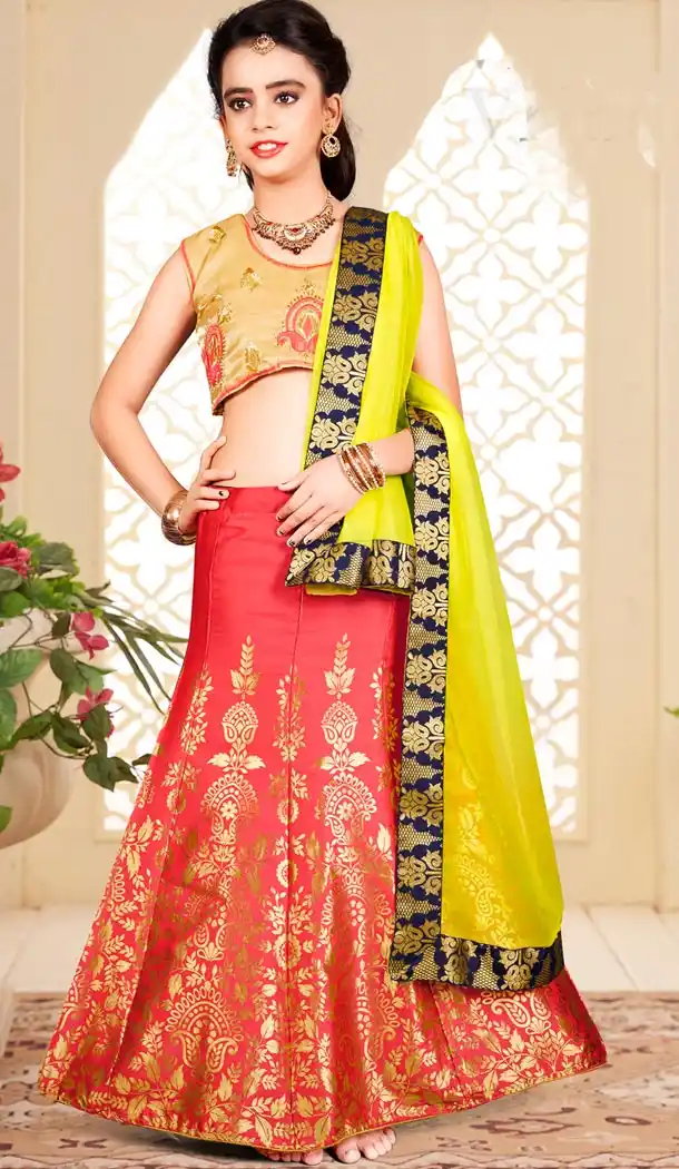 A Line Orange Color Banarasi Designer Kids Girl Lehenga | 338840132