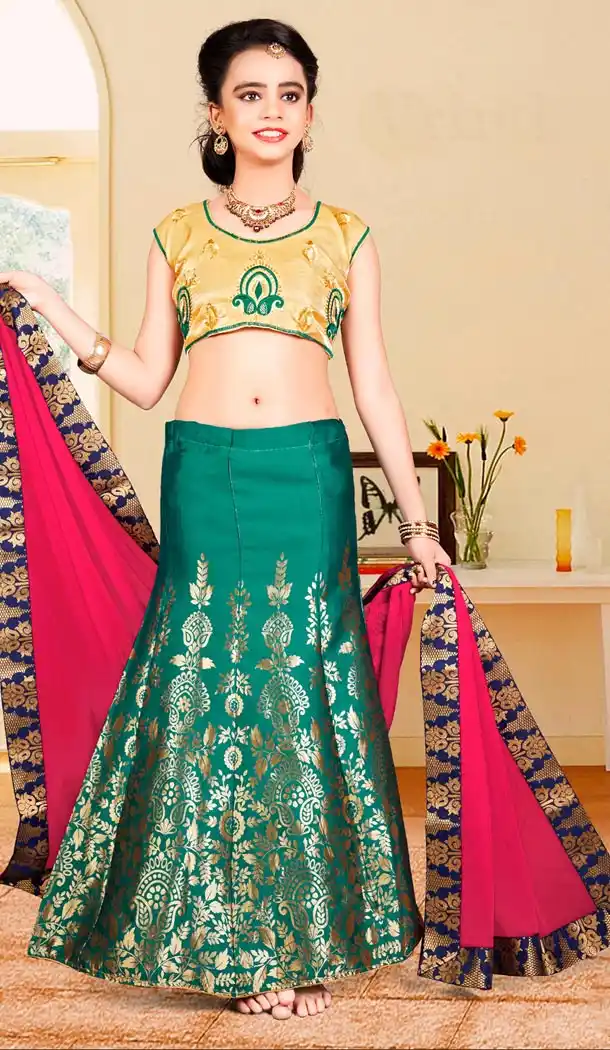 Elegant Green Color Banarasi Designer Kids Girl Lehenga | 338840133