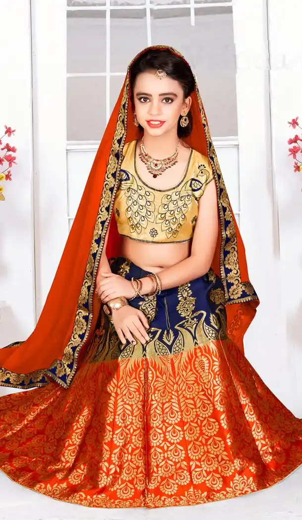 Blue with Orange Color Banarasi Designer Kids Girl Lehenga | 338840135