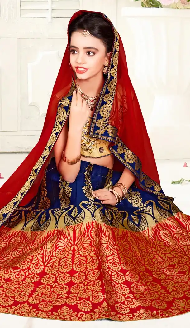 Blue with Red Color Banarasi Designer Kids Girl Lehenga | 338840136