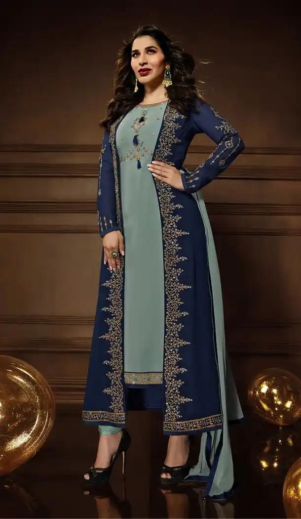 Sparkling Grey Color Georgette Churidar Suit with Jacket | 340940395