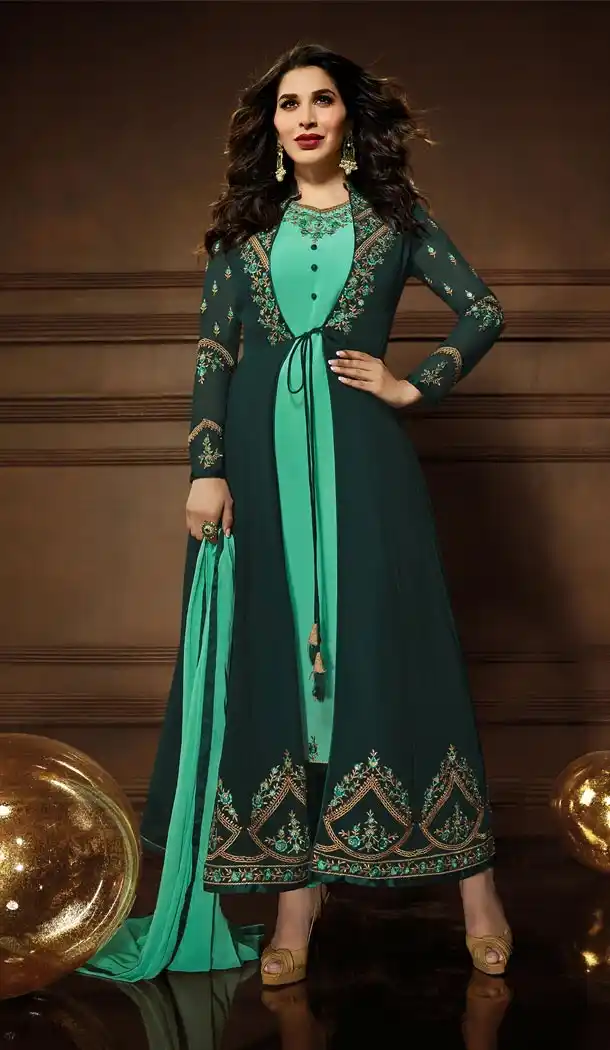Scintillating Light Green Color Georgette Churidar Suit with Jacket | 340940397