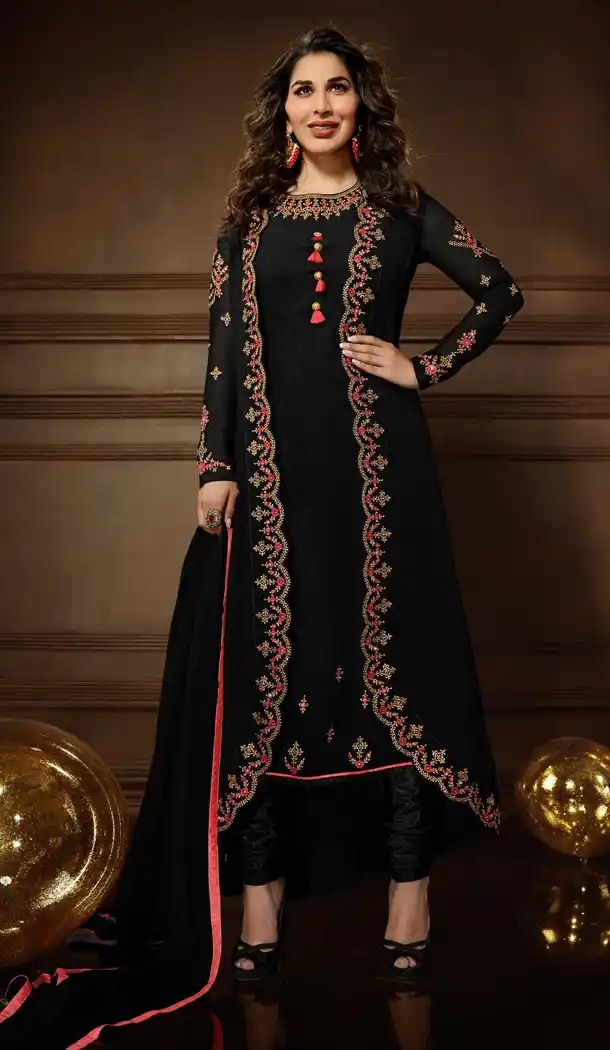 Splendorous Black Color Georgette Churidar Suit with Jacket | 340940399