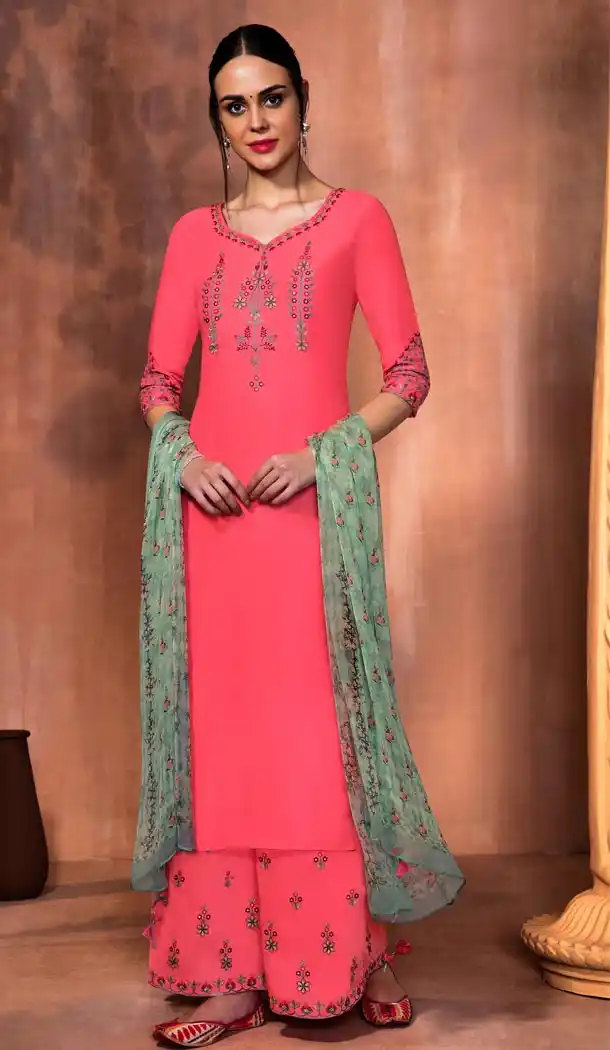Pakistani Style Pink Color Muslin silk Palazzo Salwar Suits | 338140044