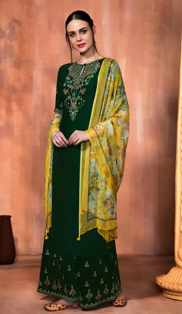 Pakistani Style Green Color Muslin silk Palazzo Salwar Suits | 338140045