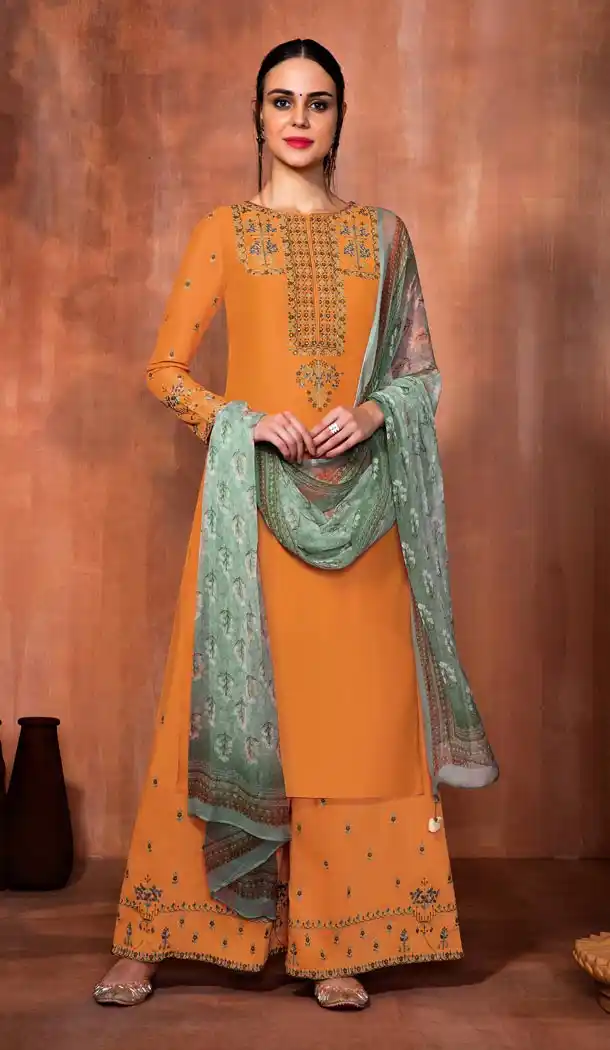 Pakistani Style Orange Color Muslin silk Palazzo Salwar Suits | 338140046