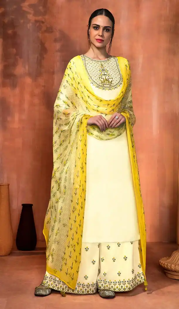 Pakistani Style Cream Color Muslin Silk Palazzo Salwar Suits | 338140048