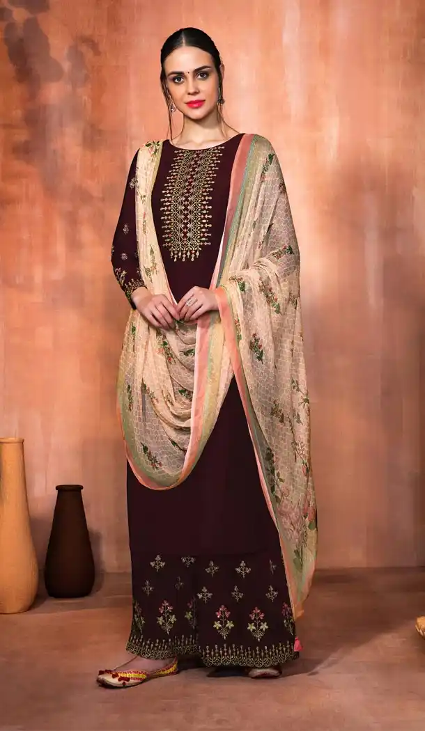 Pakistani Style Wine Color Muslin Silk Palazzo Salwar Suits | 338140049