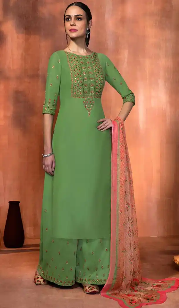 Pakistani Style Green Color Muslin Silk Palazzo Salwar Suits | 338140050